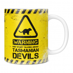 WARNING MAY START TALKING ABOUT TASMANIAN DEVILS 11OZ NOVELTY MUG